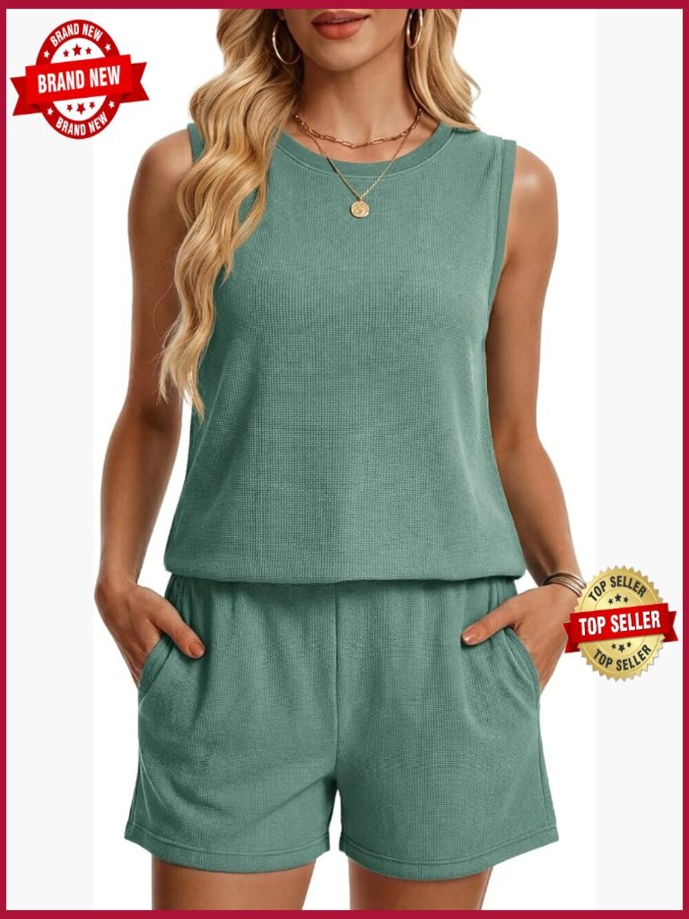 Waffle Knit Sleeveless Lounge Short Set with Pockets